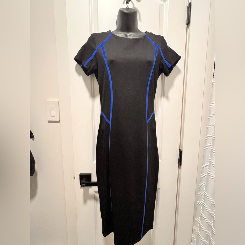 FELICITY & COCO Black Blue Colorblock Seamed Stretch Knit Pencil Dress SMALL